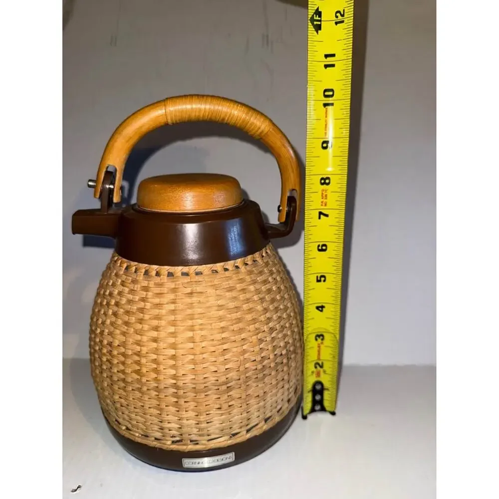 Vintage Corning Designs Rattan Wicker Coffee Carafe Tea Pot Bamboo Made In Japan